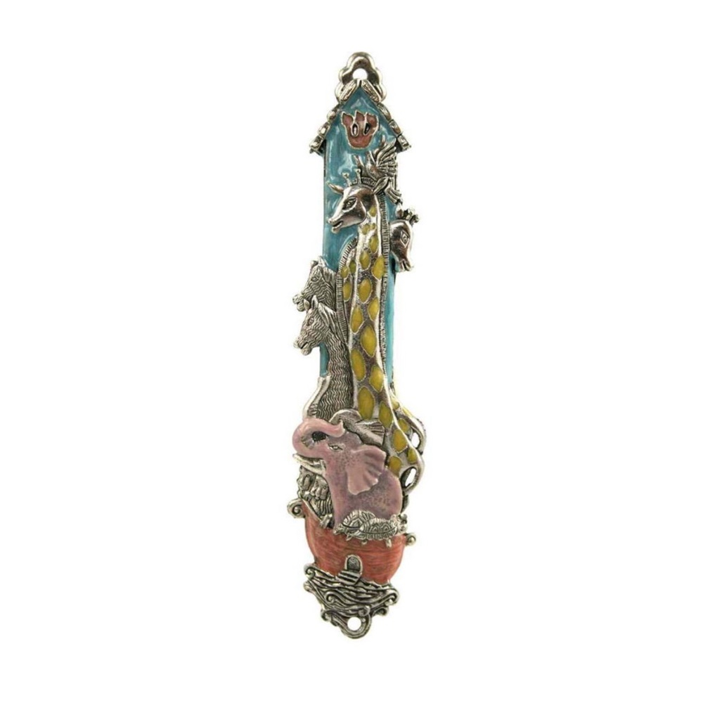 Quest Collections Noah’s Ark Mezuzah Colorful Enamel Pastels Mezuzah Case 6"